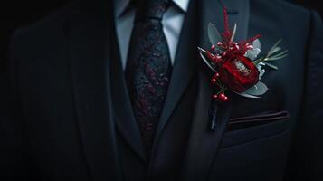 A stylish man in a suit and tie showcasing a boutonniere on his lapel photo
