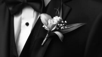 A man in a tuxedo sporting a boutonniere on his lap photo