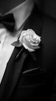A man in a tuxedo with a groom boutonniere photo