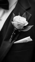 A man in a tuxedo proudly displays a white rose in his lapel photo