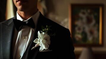 A man in a tuxedo stands confidently, wearing a flower in his lapel photo