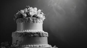 A lavish three-tiered wedding cake adorned with flowers gracefully towers over the scene photo