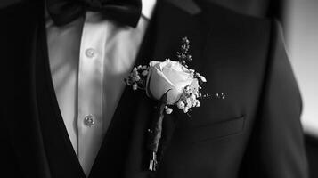 A sophisticated man in a sleek tuxedo proudly flaunting a stylish boutonniere photo