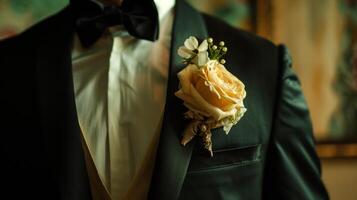 A man in a tuxedo showcasing a stylish boutonniere on his lapel photo