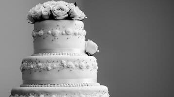 A magnificent three tiered wedding cake adorned with beautiful flowers on the top layer photo
