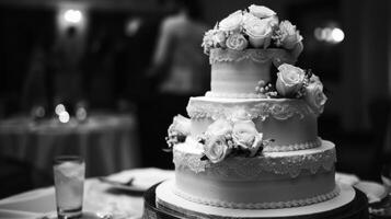 A beautifully decorated three tiered wedding cake sits atop a table photo
