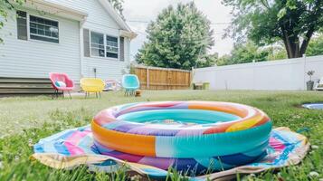 Inflatable pool set up in backyard of American house photo