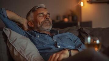 Middle aged man lying on couch, eyes shut in relaxation photo