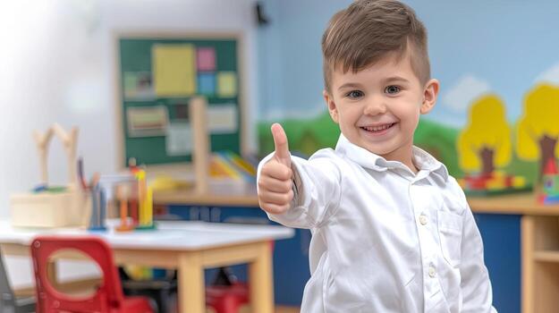 contento niño demostración aprobación con pulgares arriba gesto en salón de clases foto