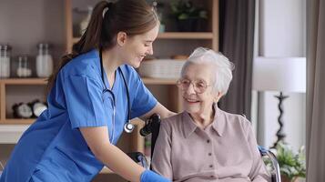 A nurse in blue scrubs assisting an elderly woman in a wheelchair. Smiling interaction photo