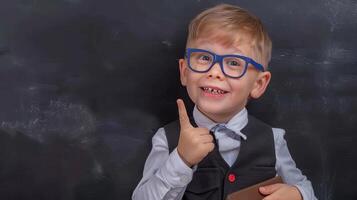 A young boy with glasses holding a folder photo