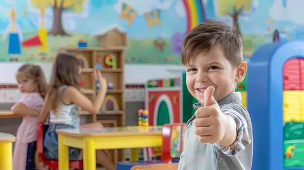 un alegre joven chico expresando aprobación con un pulgares arriba gesto en un salón de clases ajuste foto
