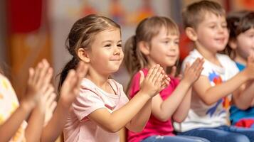 Children clapping and smiling in a row during music class photo
