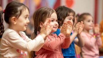 Little girls standing, clapping, and smiling together photo