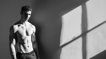 Shirtless man stands by window photo