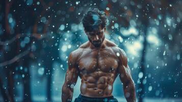 Shirtless man standing strong in snow photo