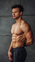 Muscular man showcasing his physique in a powerful pose photo