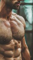 Shirtless man poses in front of mirror photo