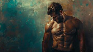 A man in a contemplative pose leans against a textured wall in a thought-provoking painting photo