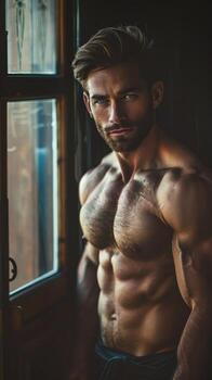 A powerful, muscular man standing confidently in front of a large window photo
