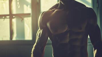 Shirtless man standing in front of a window, basking in sunlight photo