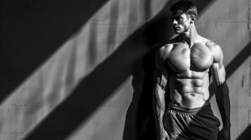 Muscular man leaning against a textured wall with confidence and ease photo