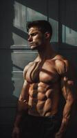 A muscular male bodybuilder poses confidently in front of a large window, showcasing his strength and determination photo