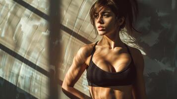 A fit woman with six pack abs poses in a black sports bra against a wall photo