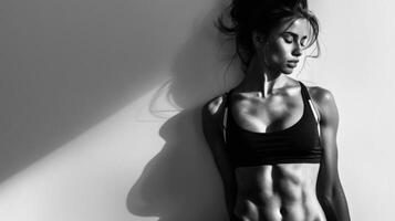 A striking black and white portrait of a fit woman in a bikini photo