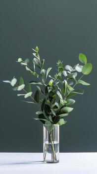 Green leaves fill a vase atop a table in a minimalist setting photo