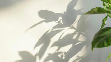 A green plant elegantly cast a shadow on a clean white wall photo