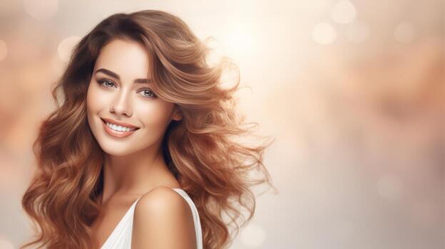 A model with long, flowing hair smiles softly in front of a blurred background of warm, golden hues photo