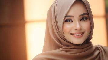 A portrait of a beautiful Indonesian model wearing a hijab, with a warm and inviting smile photo