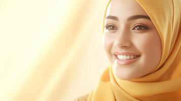 Smiling Indonesian woman wearing a yellow hijab, against a soft golden background photo