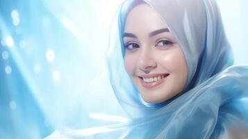 A smiling Indonesian woman wearing a blue hijab with a soft, bokeh background photo