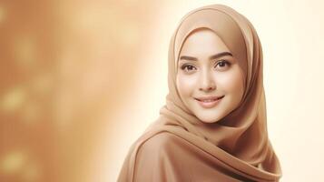 Smiling woman in a hijab against a soft, golden background photo