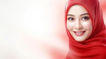 A beautiful Indonesian model smiles softly, wearing a vibrant red hijab photo