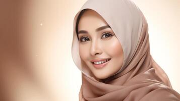 A beautiful Indonesian woman with a gentle smile, wearing a headscarf photo