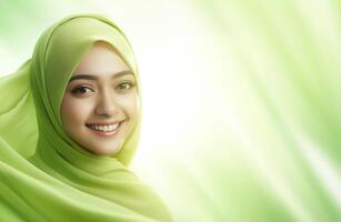 A beautiful Indonesian woman, wearing a green hijab, smiles brightly against a soft, green background photo