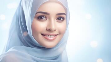 Indonesian woman in a hijab smiles against a soft blue backdrop photo