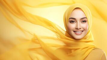 A beautiful Indonesian woman wearing a yellow hijab smiles confidently against a soft golden backdrop photo
