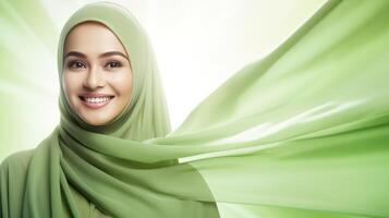 A smiling Indonesian woman wearing a green hijab photo