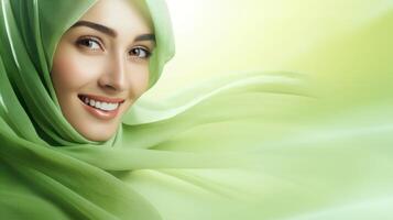 Portrait of a beautiful Indonesian woman wearing a green hijab, with copy space photo