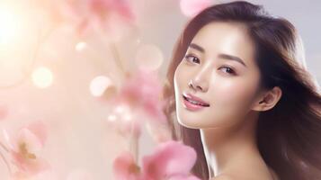 A smiling Thai model poses in a soft-focus portrait with floral background photo