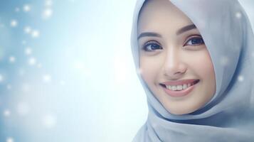 Indonesian model in a light blue hijab, smiling warmly with space for text photo