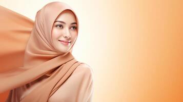 A beautiful Indonesian woman wearing a peach hijab with a soft gradient backdrop photo