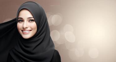 A beautiful Indonesian woman wearing a black hijab, smiling warmly against a soft, out-of-focus background photo