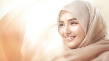 A smiling Indonesian model, wearing a beige hijab, poses against a soft, light background photo