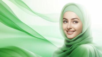 A beautiful Indonesian woman in a green hijab smiles radiantly against a flowing fabric background photo