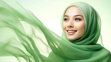 Beautiful Indonesian woman in a green hijab with flowing fabric photo